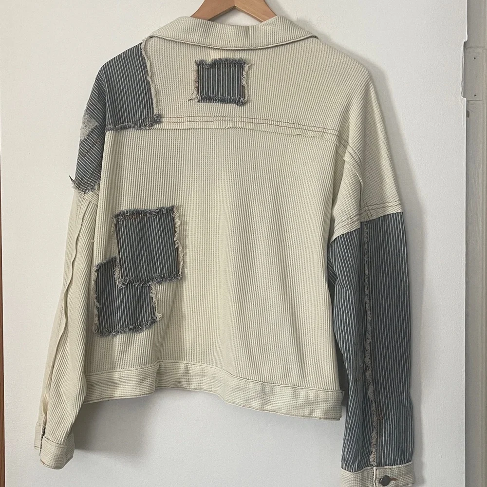 POL Ivory Multi Pinstripe Oversized Distressed Patchwork Jacket small NWT - Picture 6 of 7